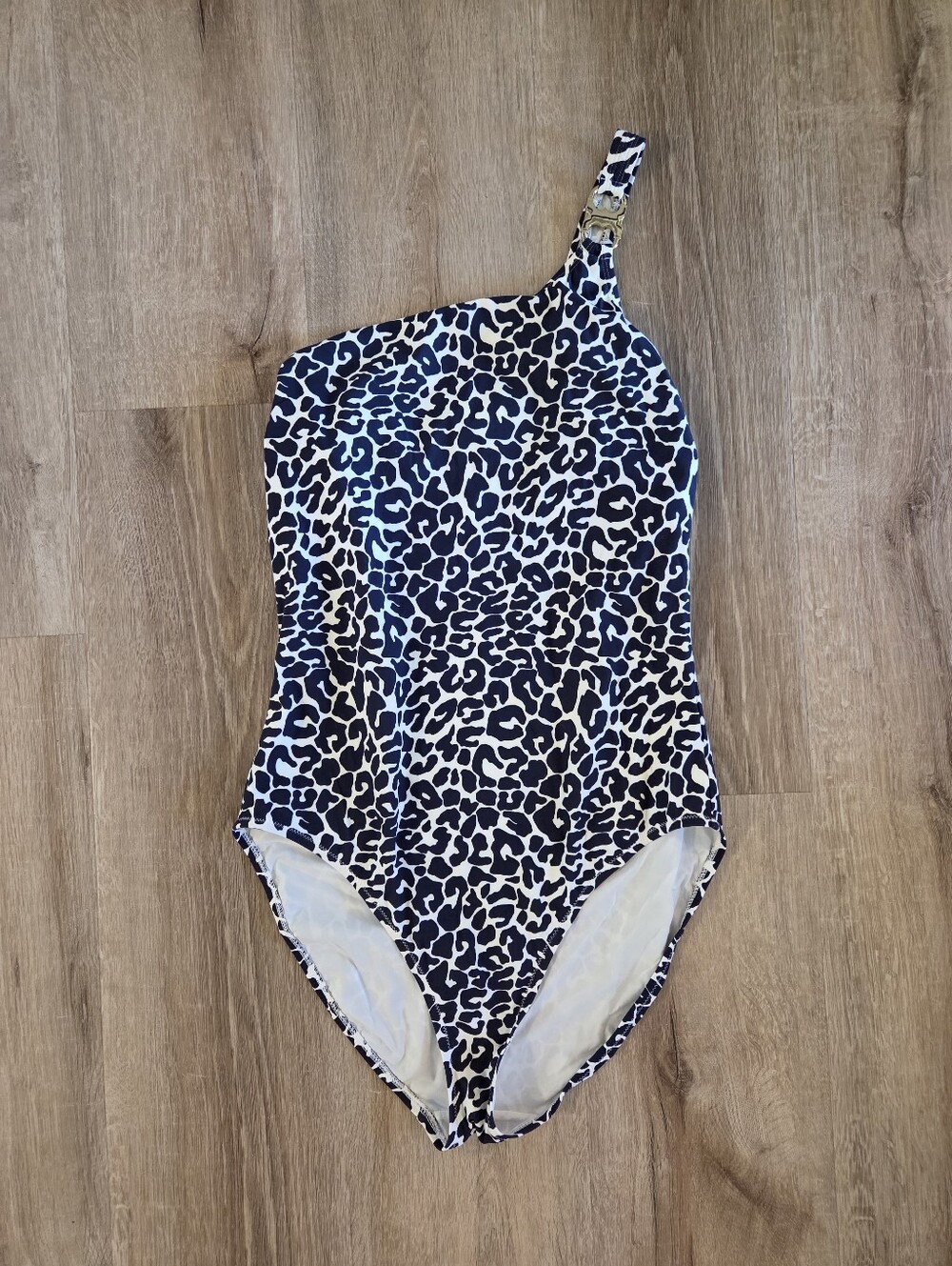 Tory Burch Clouded Leopard Navy Blue One Shoulder One Piece Swimsuit Size Large - Picture 2 of 9